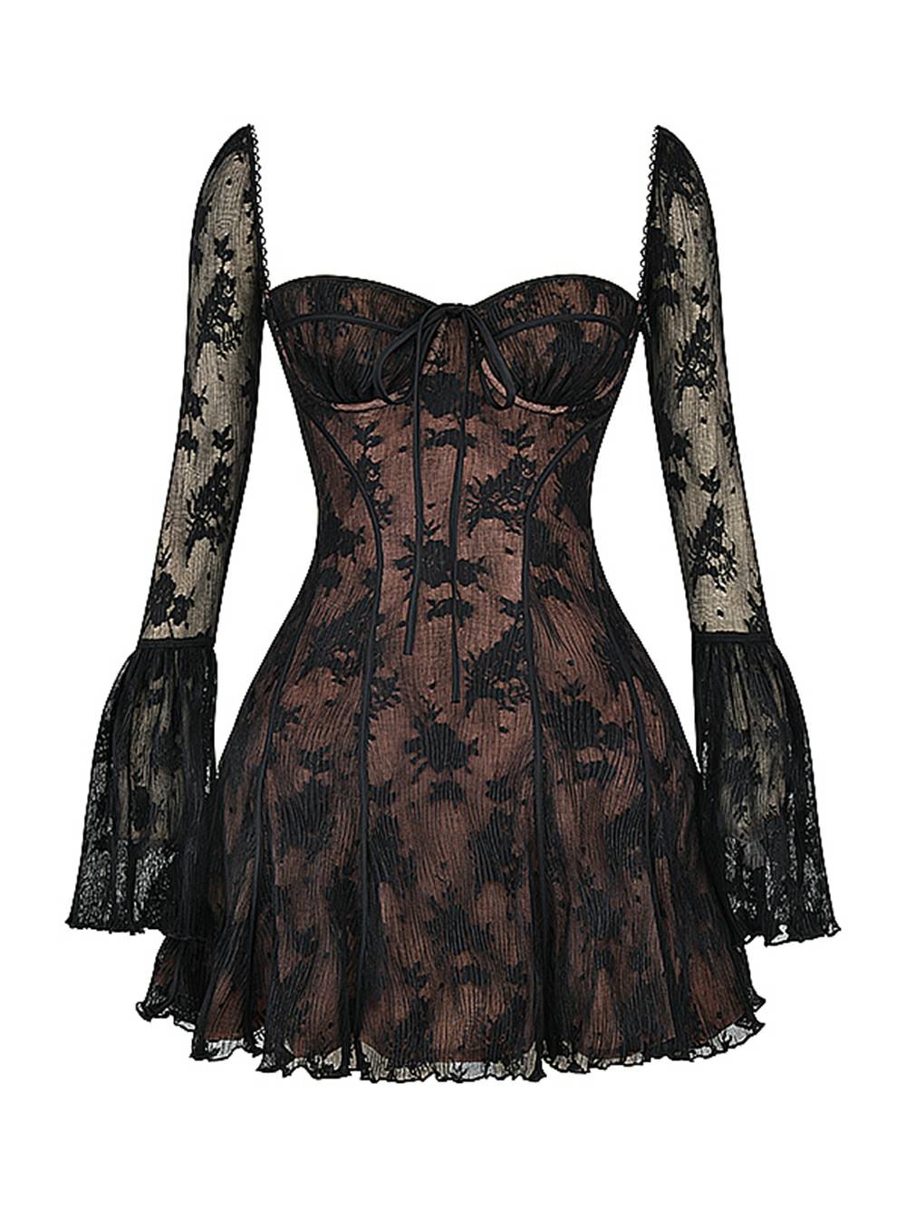 Floral Lace Bell Sleeve Corset Fit and Flare Mini Dress