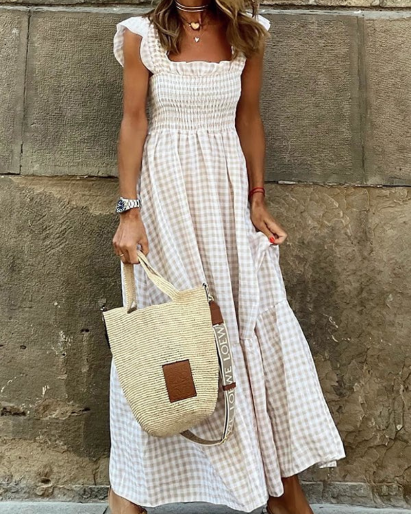Gingham Smocked Square Neck Tiered Ruffle Cap Sleeve Maxi Dress