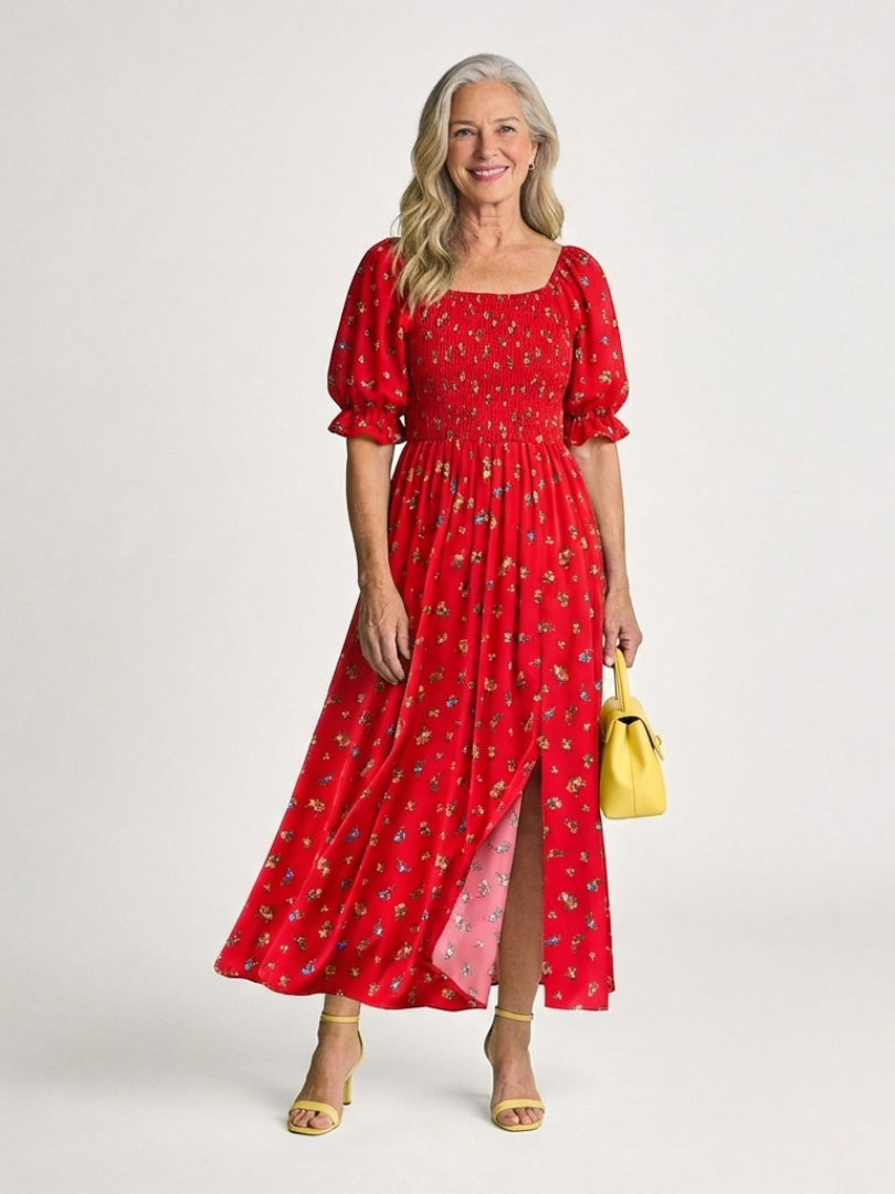 Floral Square Neck Puff Sleeve Smocked Midi Dress