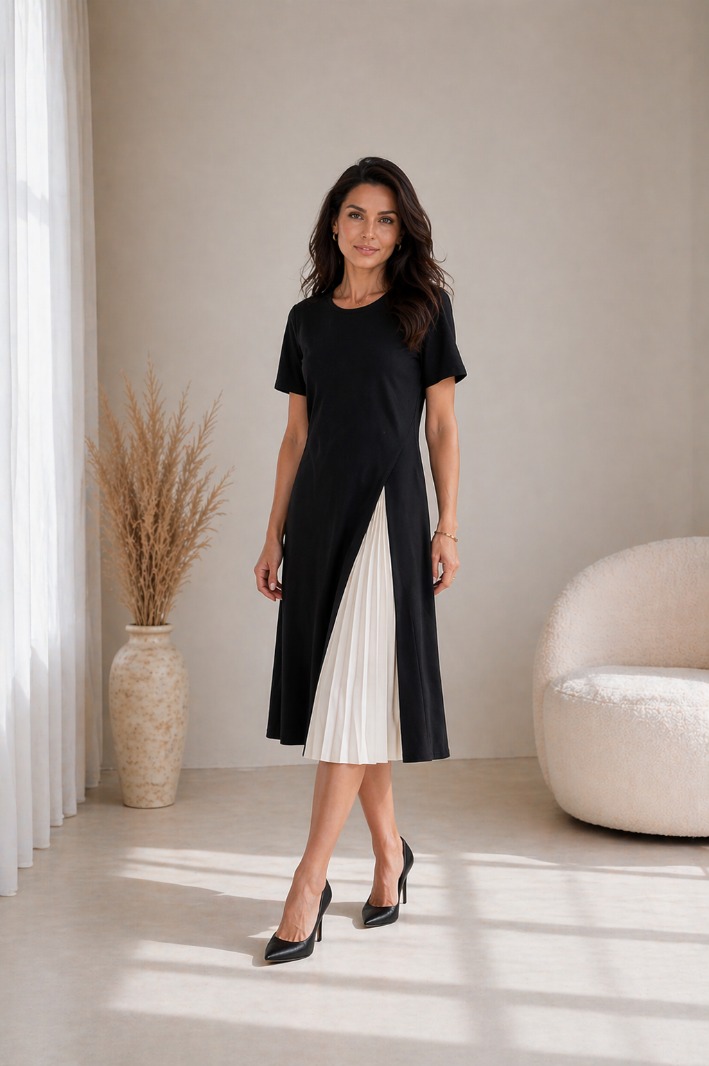 Crew Neck Short Sleeve Pleated Panel High Split Midi Dress