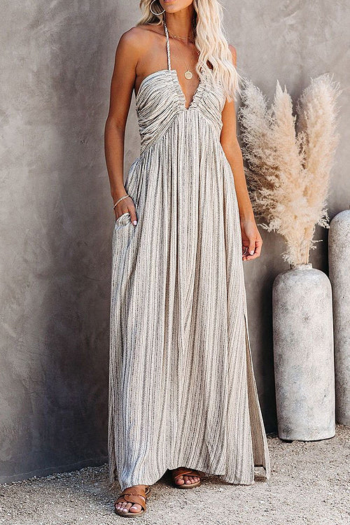 Lost To Love Stripes Backless Maxi Dress - 2 Colors Grey