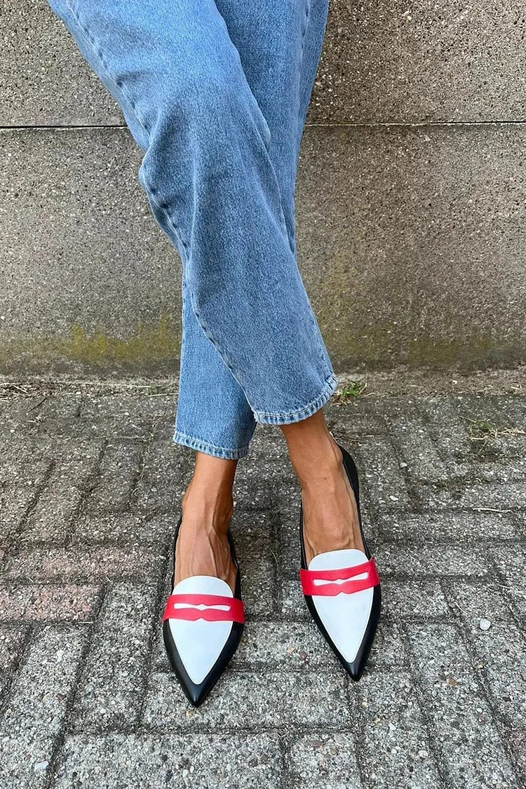 Pointed Toe Contrast Penny Strap Flat Loafers