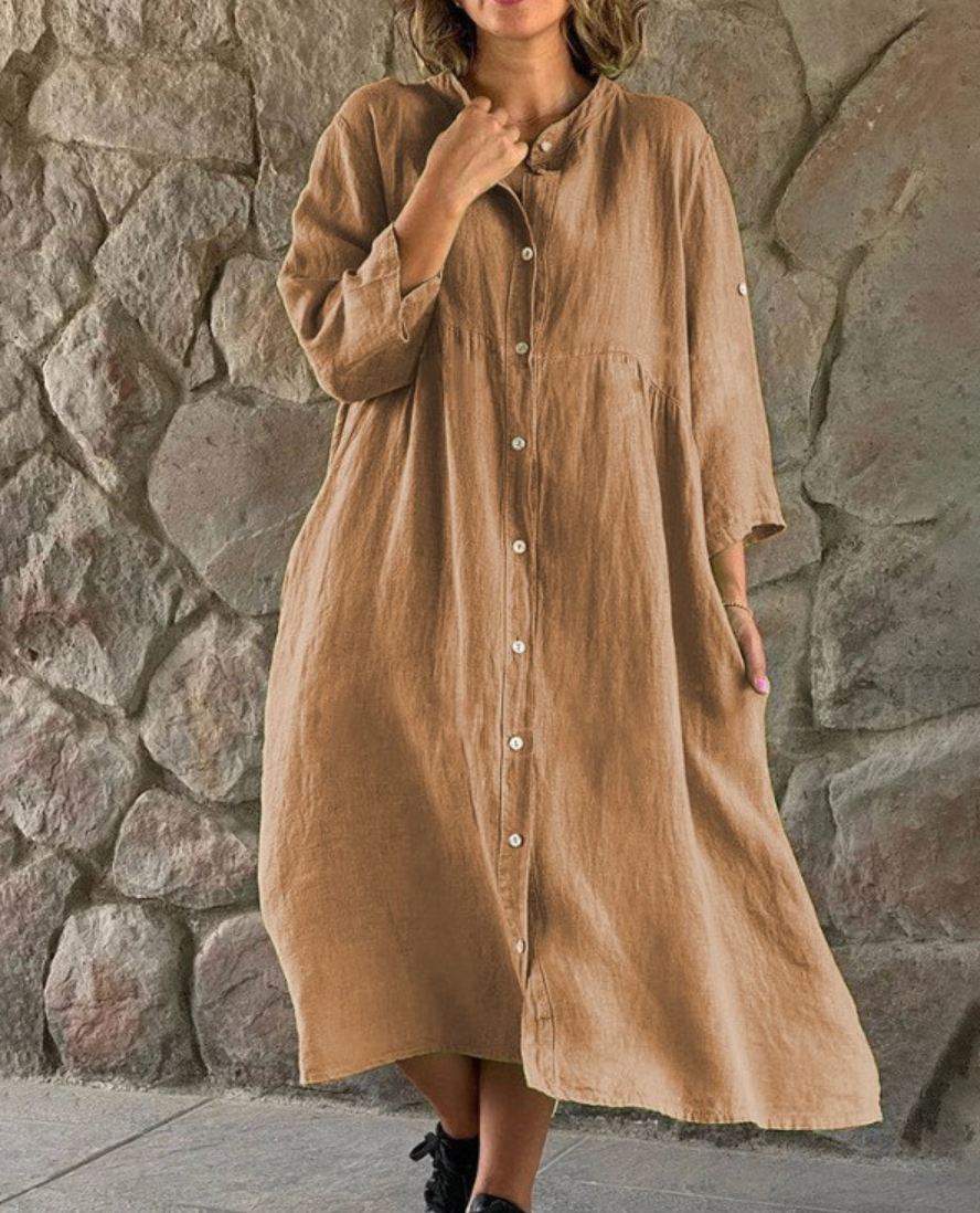 Button Down Three Quarter Sleeve Roll Tab Empire Waist Midi Shirt Dress