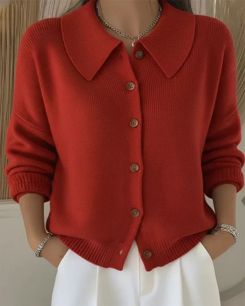 Collared Button Front Ribbed Knit Cardigan