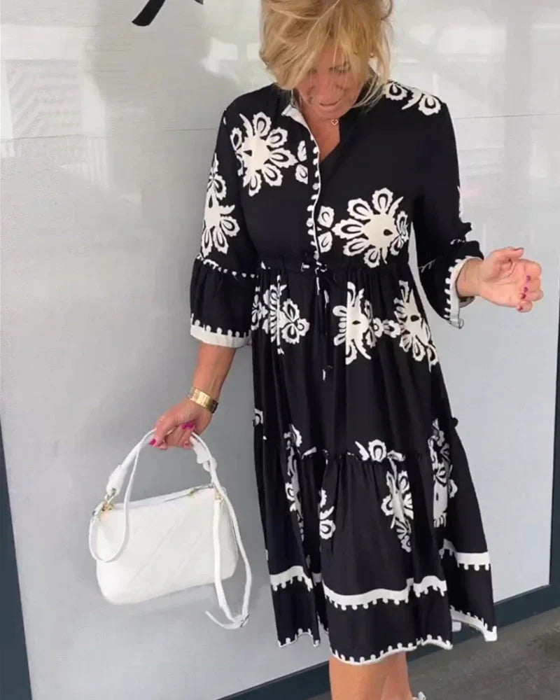 Border Trim Button Front V-Neck Drawstring Waist Tiered Ruffle Cuff Midi Shirt Dress