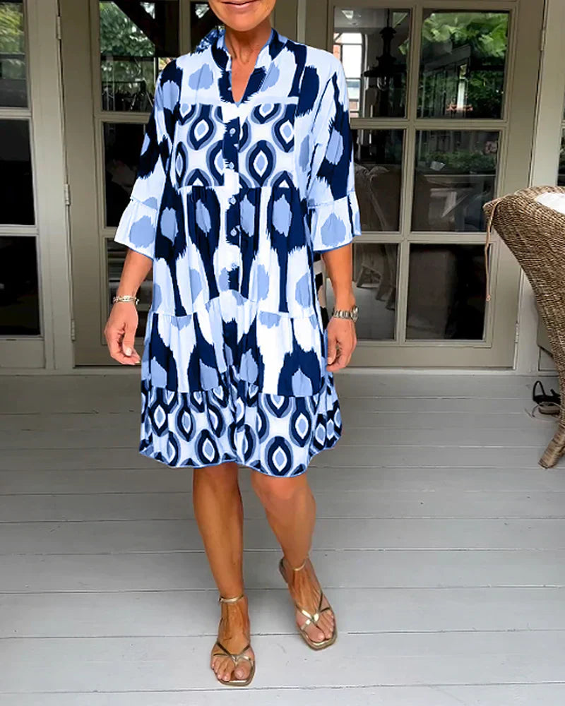 Abstract Geometric Print V-Neck Button Front Tiered Ruffle Cuff Midi Dress