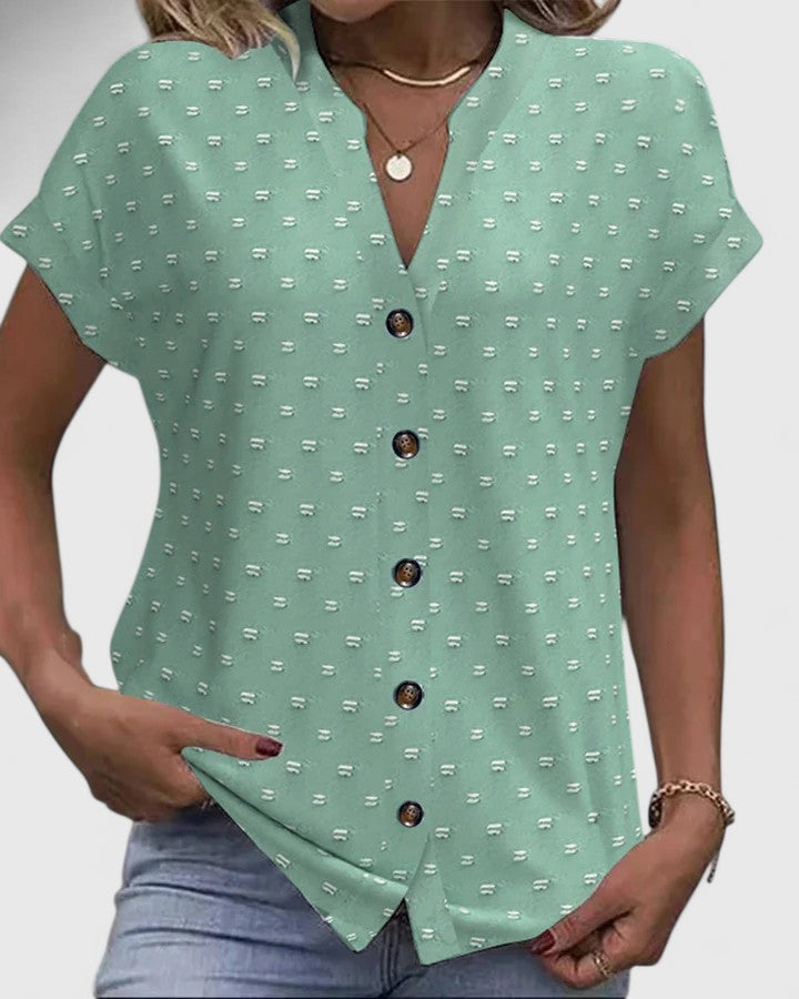 V-Neck Short Sleeve Button Front Textured Dot Blouse