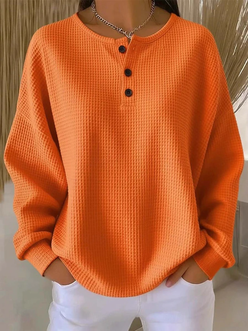 Waffle Knit Button Placket Long Sleeve Henley Top