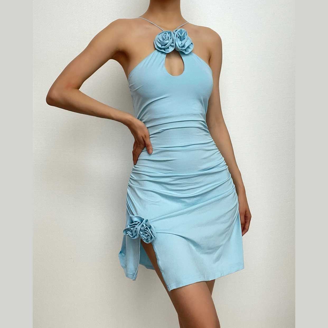 Rosette Appliqué Halter Cut Out Ruched Bodycon Mini Dress