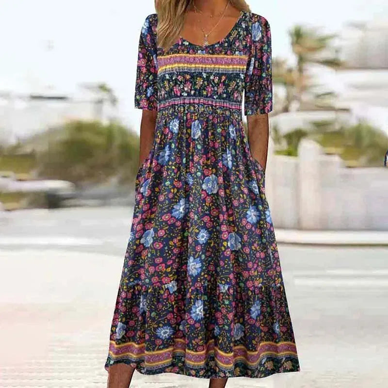 Floral Print Scoop Neck Short Sleeve Tiered Ruffle Empire Waist Midi Dress