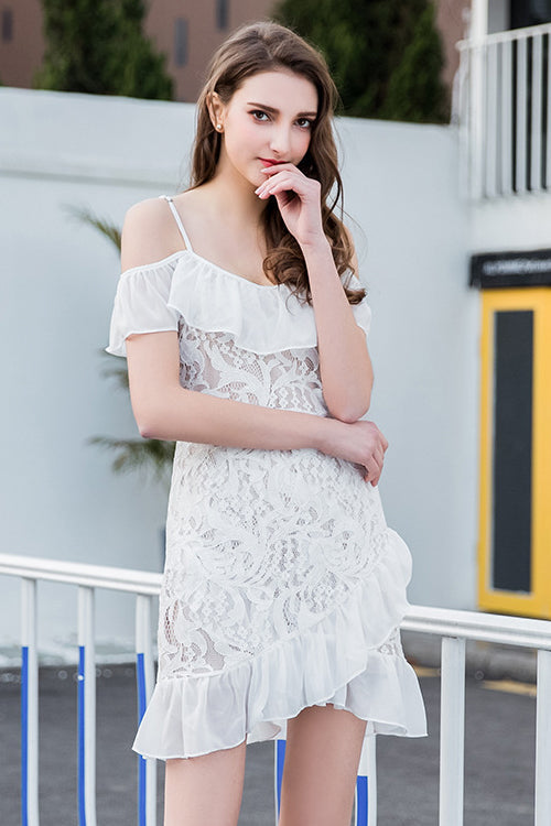 Lace Ruffle Hem Wrap Mini Dress - 3 Colors - View 2