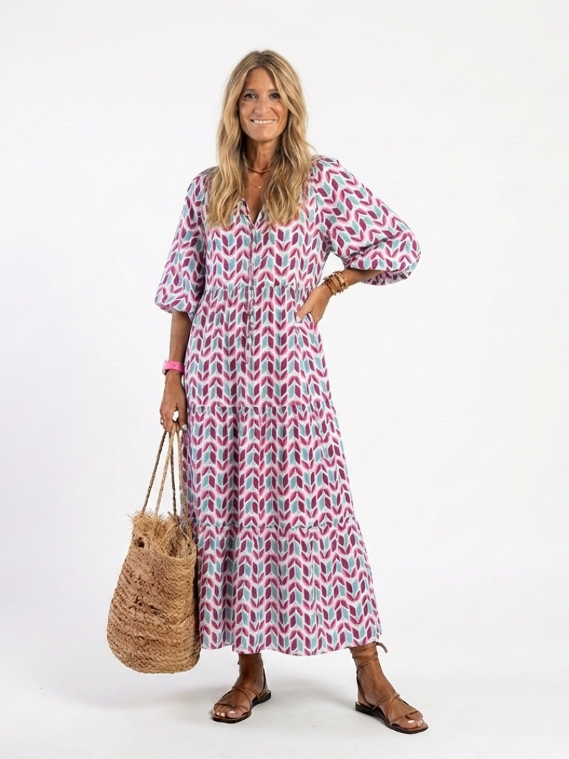 Geometric Print V-Neck Long Sleeve Tiered Maxi Dress
