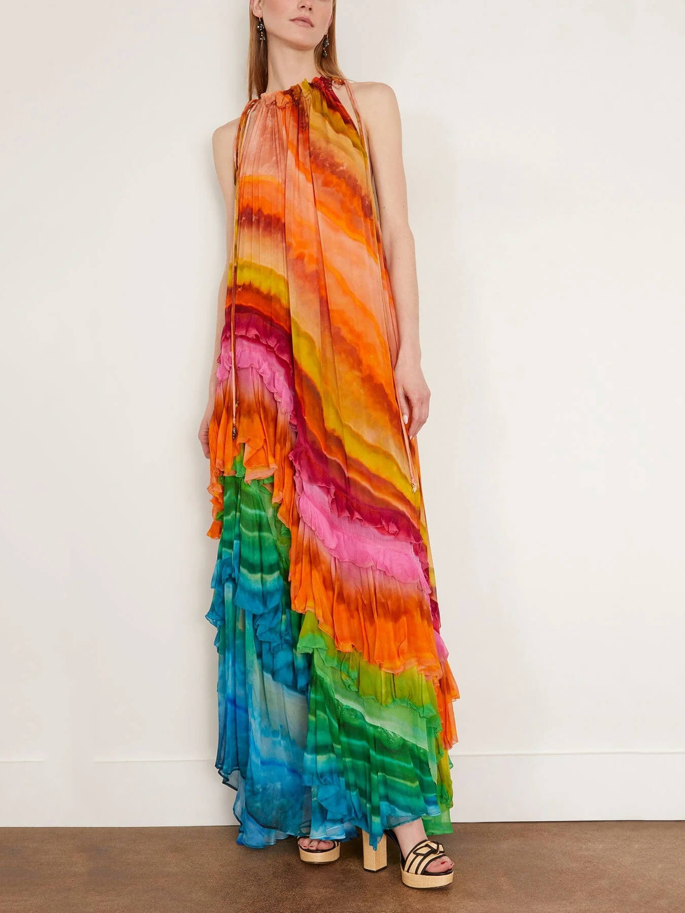 Tie Dye Print Halter Neck Drawstring Tiered Ruffle Chiffon Maxi Gown