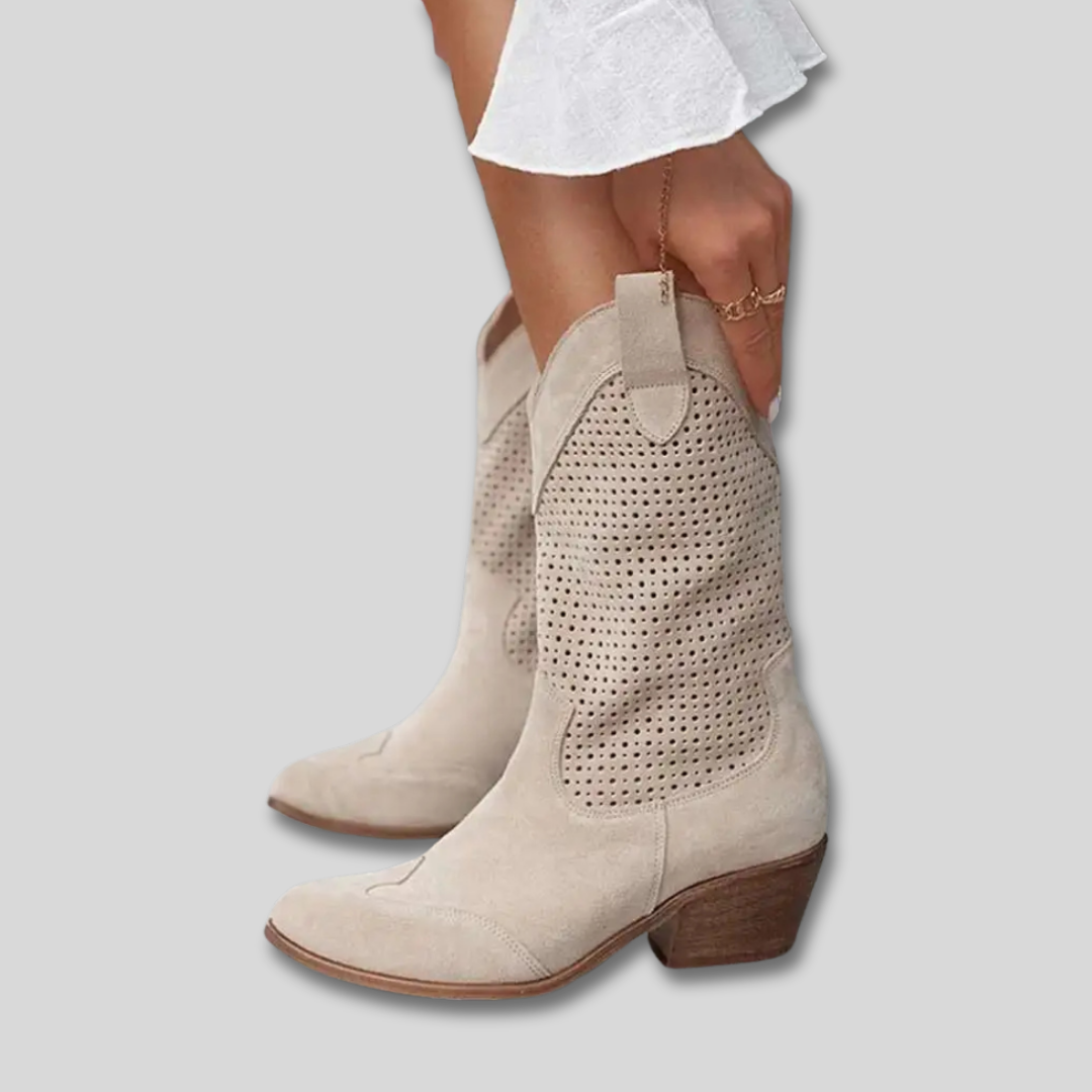Perforated Suede Look Block Heel Western Mid Calf Boots