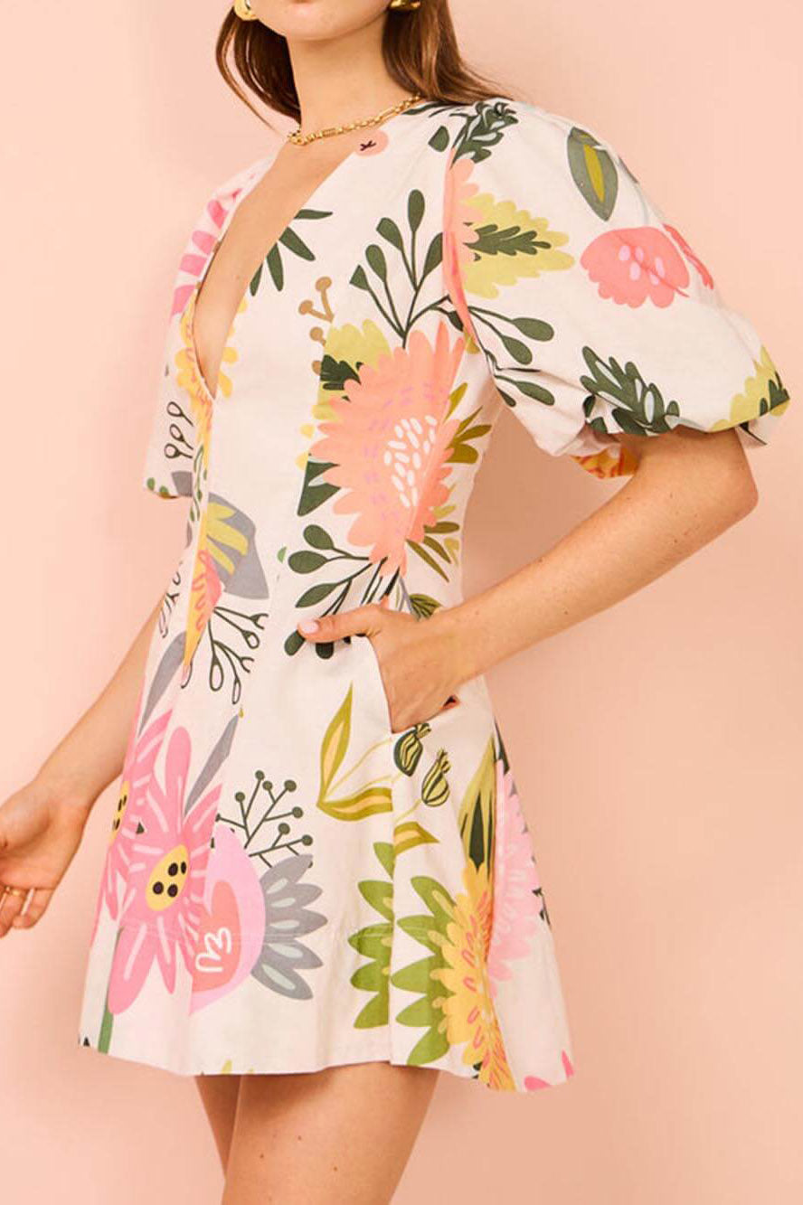 Floral Deep V-Neck Puff Sleeve Fit and Flare Mini Dress