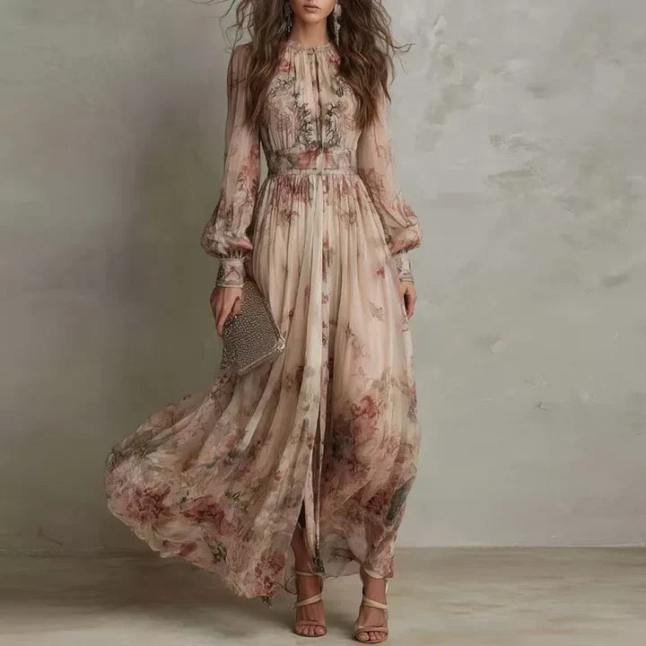 Floral Print Mock Neck Long Puff Sleeve Flowy Maxi Dress