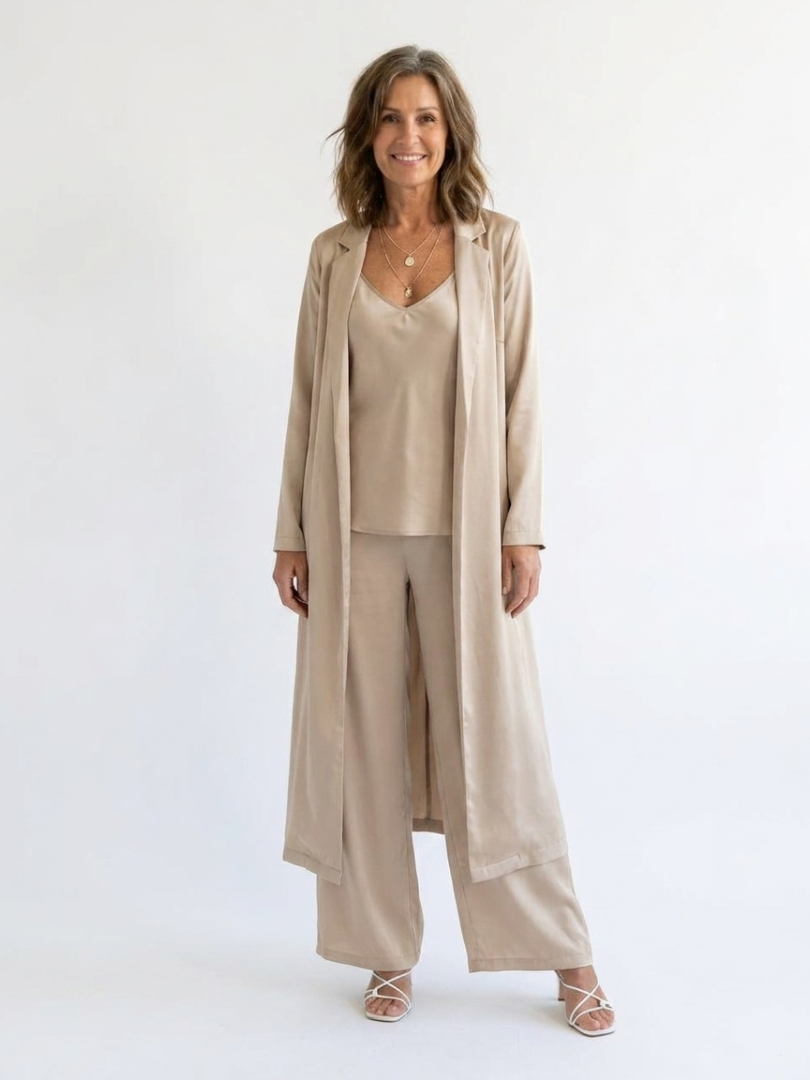 Satin Cami Wide Leg Pants and Longline Duster Three Piece Set