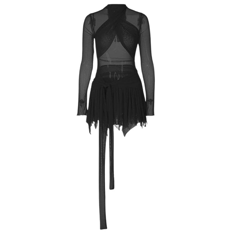 Mesh High Neck Long Sleeve Cross Front Ruffle Mini Dress