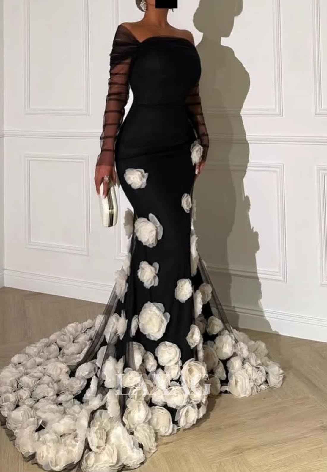 Tube Top Long-Tulle-Sleeves Mermaid Evening Dress Floral Embellished Floor-Length Formal Gowns