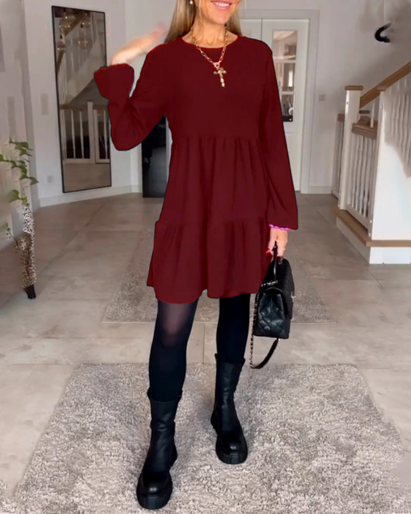 Long Sleeve Crew Neck Tiered Smock Babydoll Mini Dress