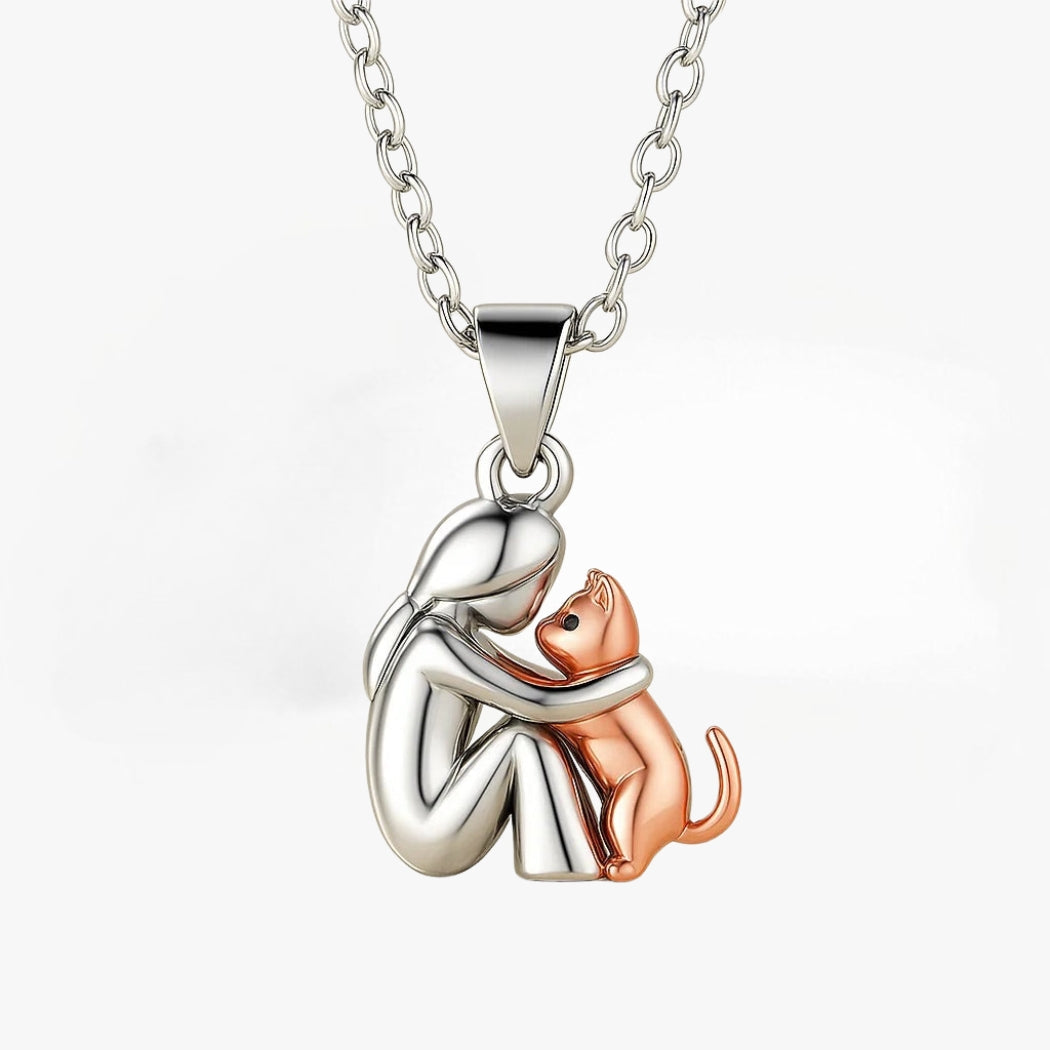 Girl and Cat Hug Pendant Chain Necklace