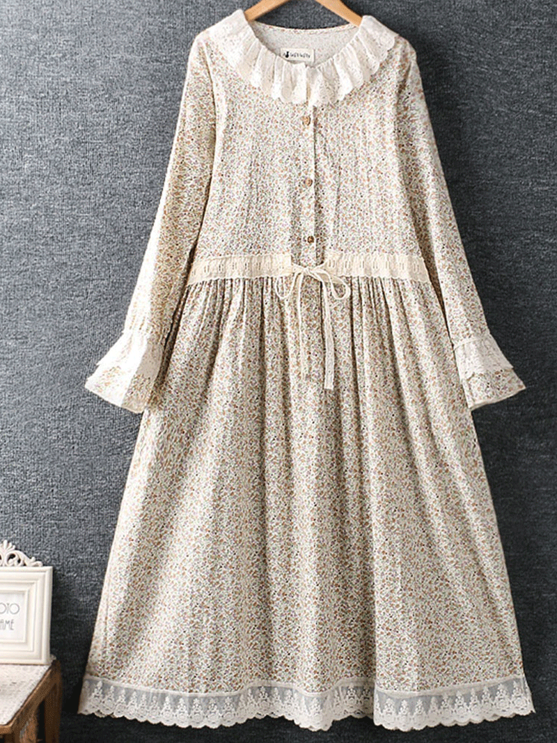 Ditsy Floral Print Lace Collar Long Sleeve Empire Waist Smock Midi Dress