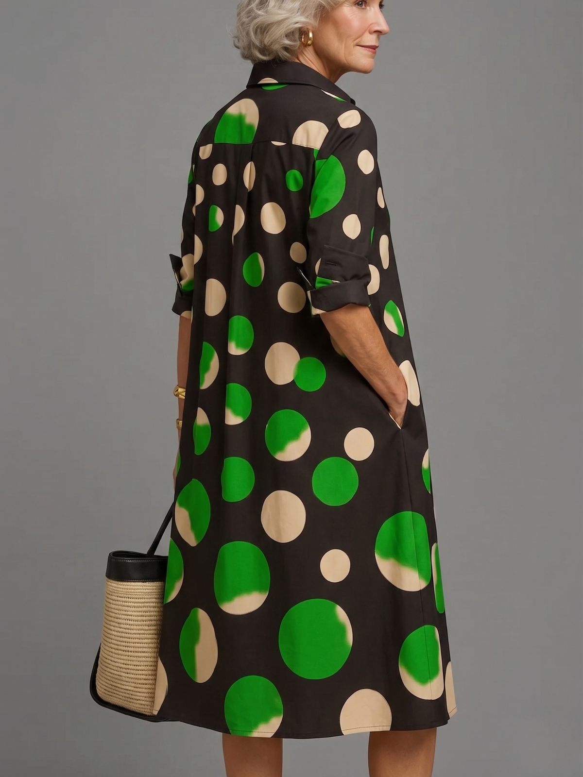 Polka Dot Collared Long Sleeve Pocket Midi Shirt Dress
