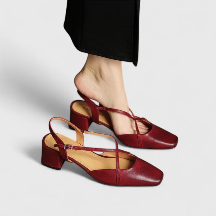 Square Toe Slingback Cross Strap Block Heel Pumps