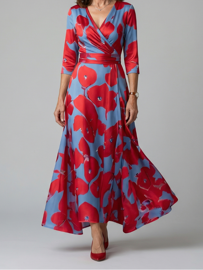Floral Print Wrap V-Neck Maxi Dress