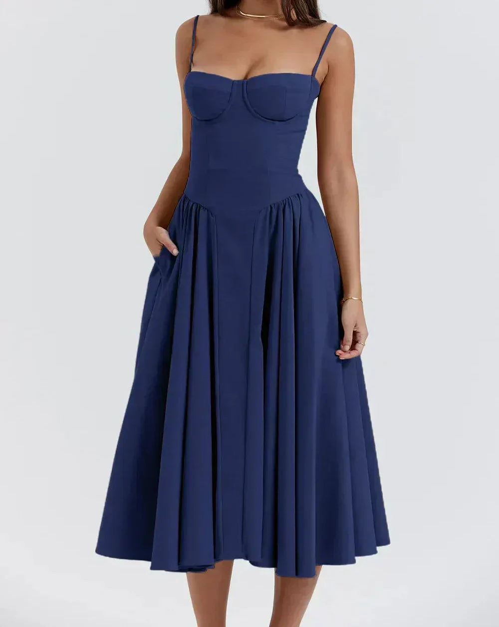 Spaghetti Strap Sweetheart Corset Fit and Flare Midi Dress