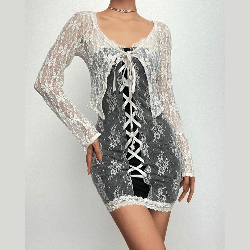Sheer Lace Tie Front Cardigan and Lace Up Mini Dress Two Piece Set