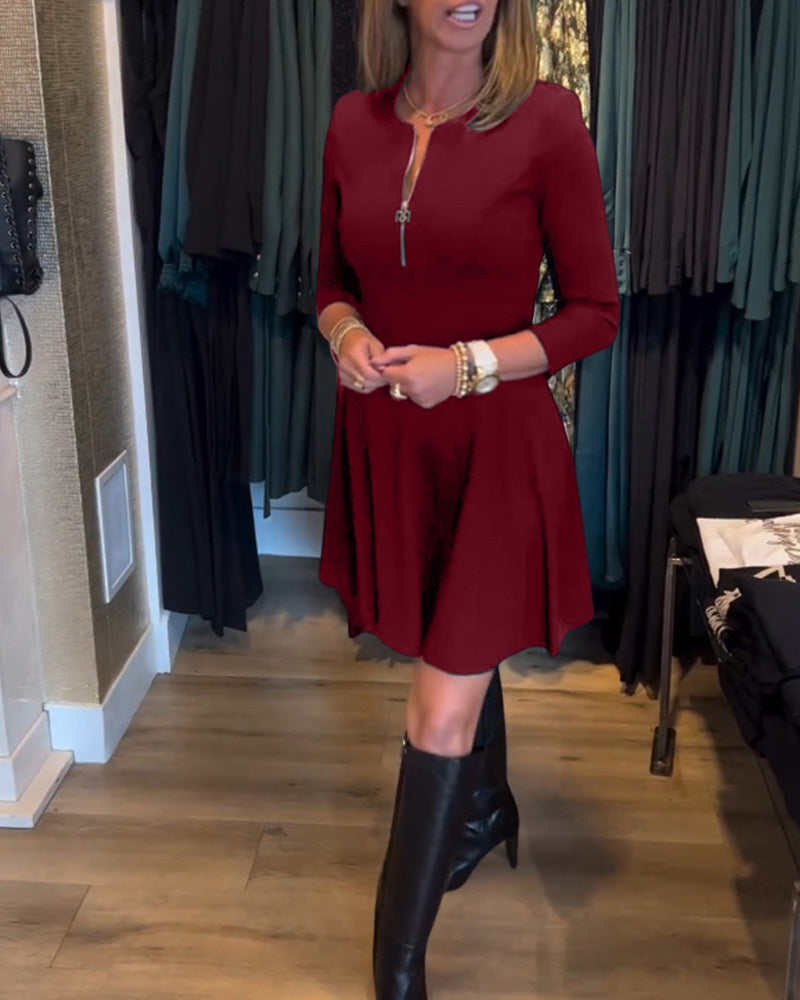 Round Neck Exposed Zip Front Three Quarter Sleeve A-Line Mini Dress