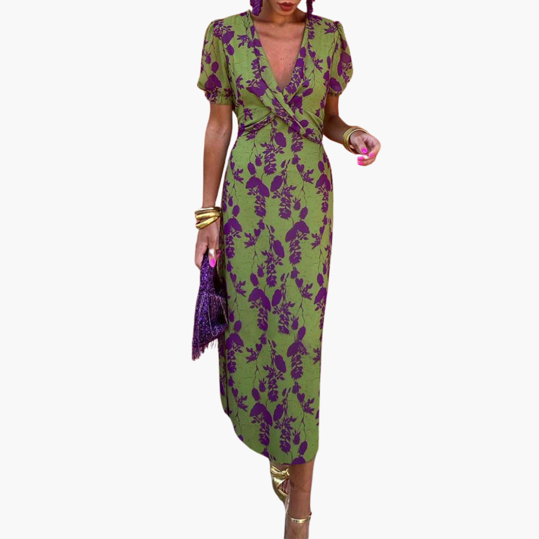 Julia | Elegant Deep V-Neck Dress with Leaf Pattern Green
