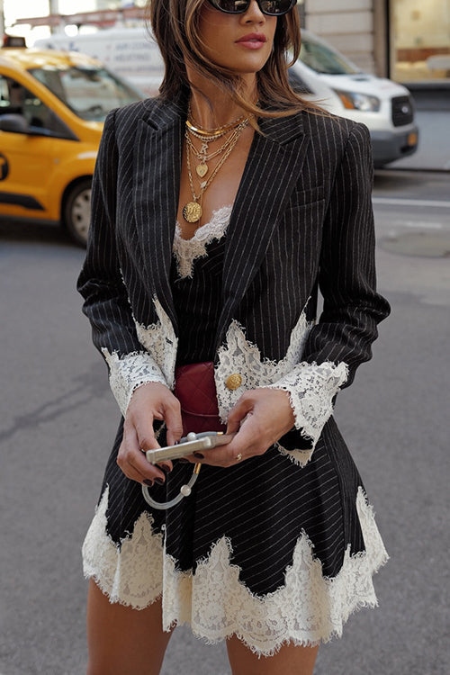 Pinstripe Lace Trim Blazer and Slip Mini Dress Two Piece Set