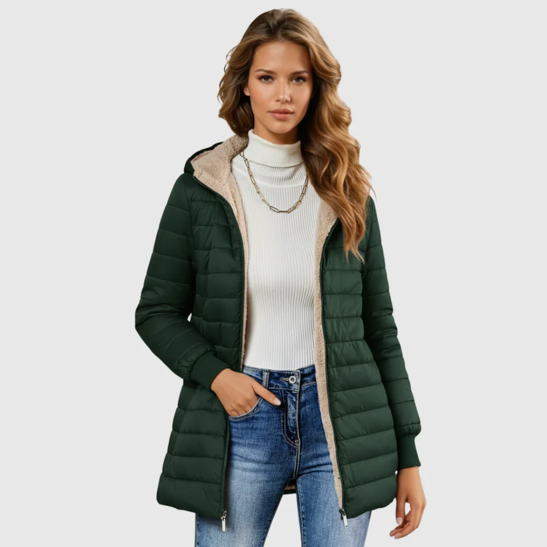 Hooded Sherpa Lined Zip Front Longline Puffer Jacket