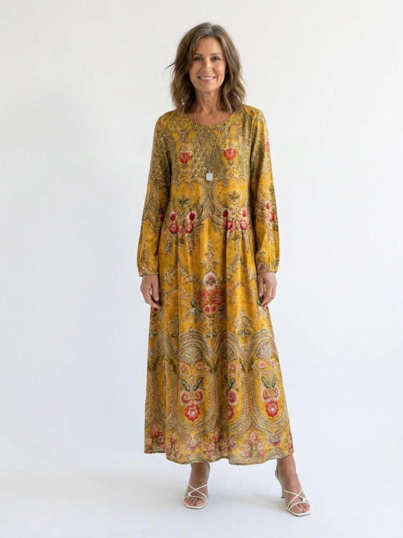 Paisley Floral Long Sleeve Round Neck Maxi Dress