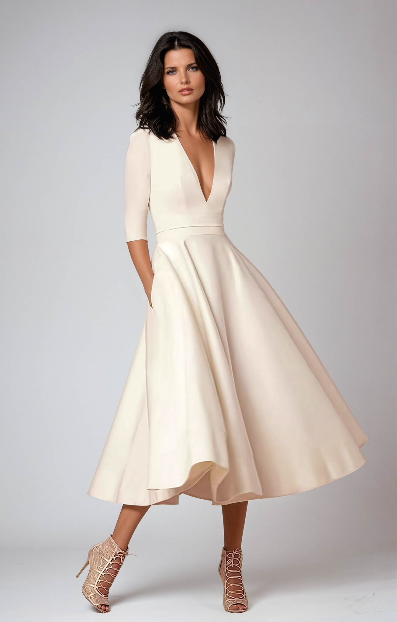 Deep V-Neck Fit and Flare Midi Dress