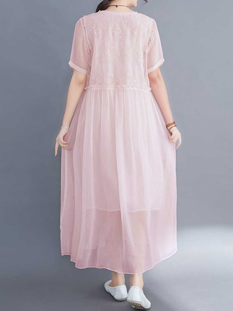 Lace Bodice Sheer Overlay Empire Waist Handkerchief Hem Midi Dress