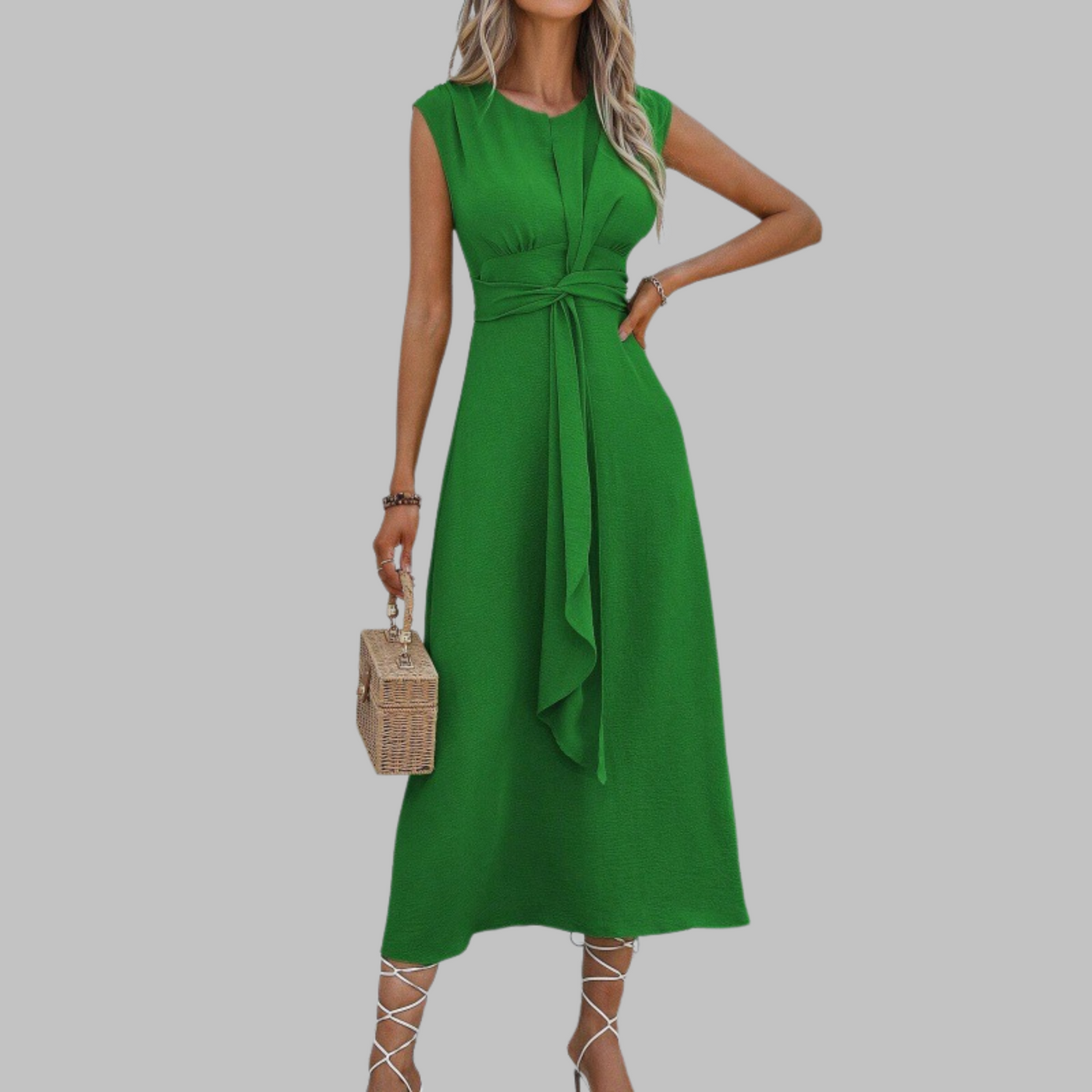 Sleeveless Round Neck Tie Waist A-Line Midi Dress
