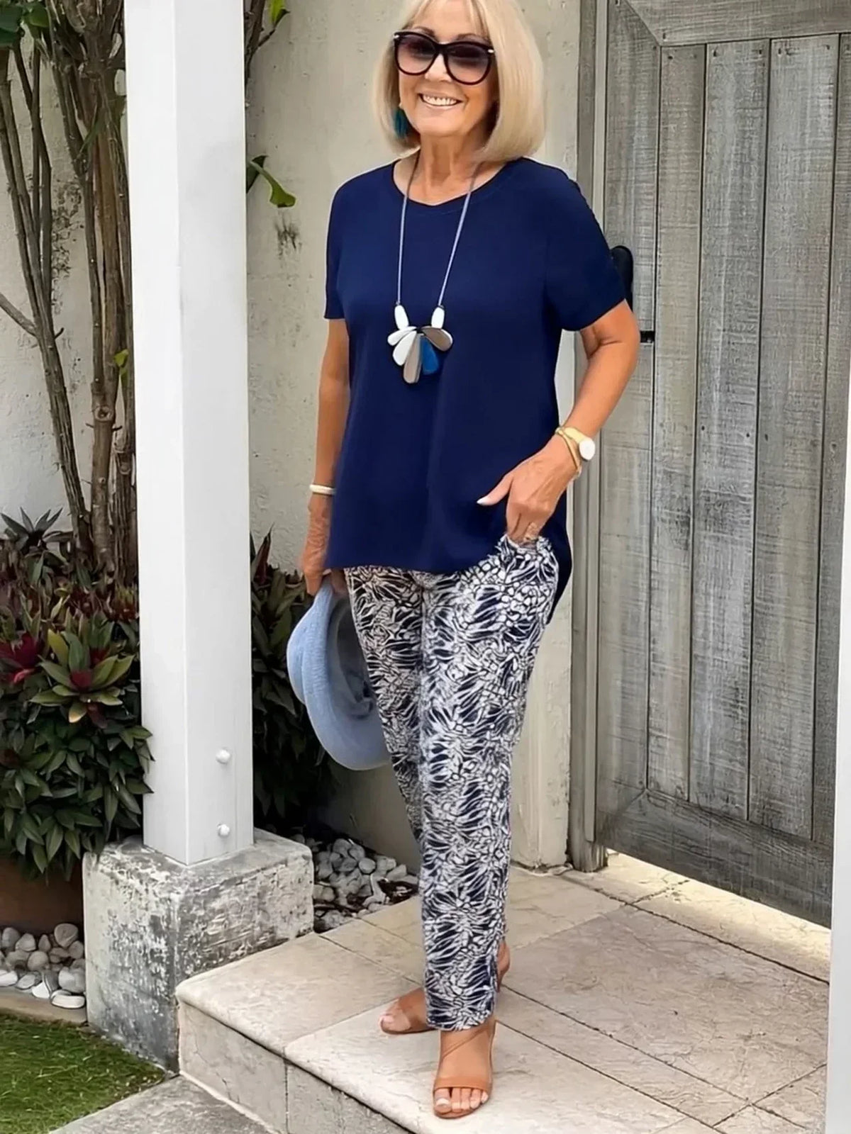 Short Sleeve Top and Leaf Print Pants Two Piece Set