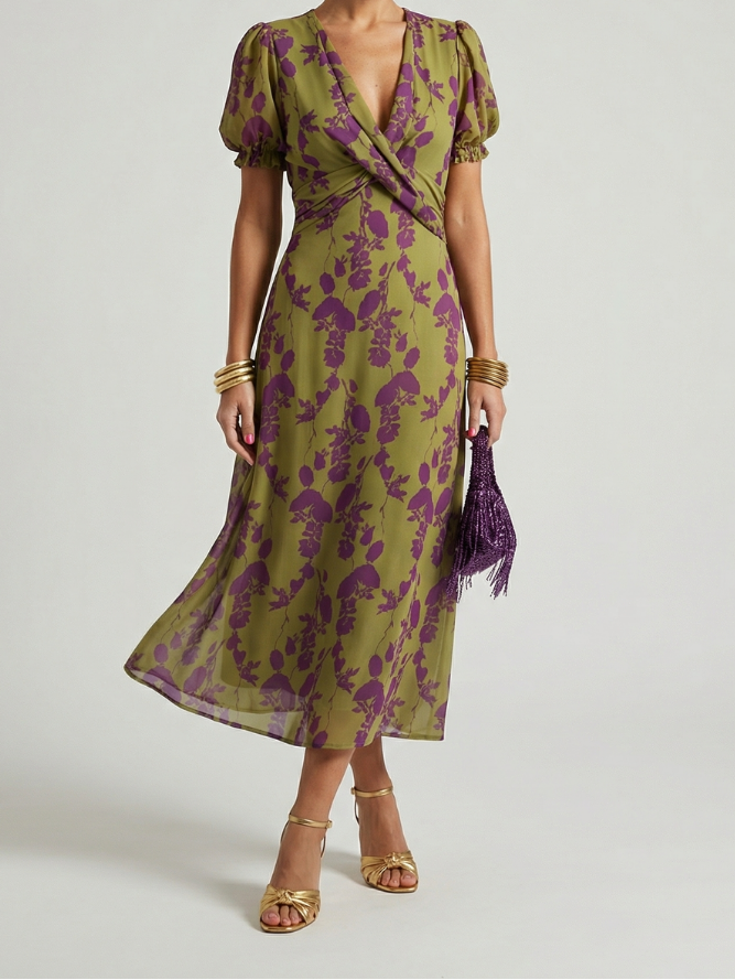 Floral Print V-Neck Puff Sleeve Wrap Midi Dress