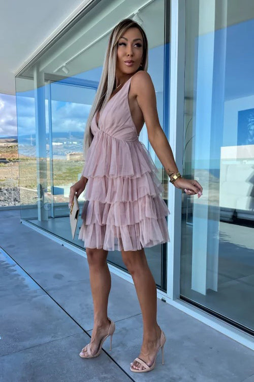Tulle V-Neck Spaghetti Strap Tiered Ruffle Mini Dress