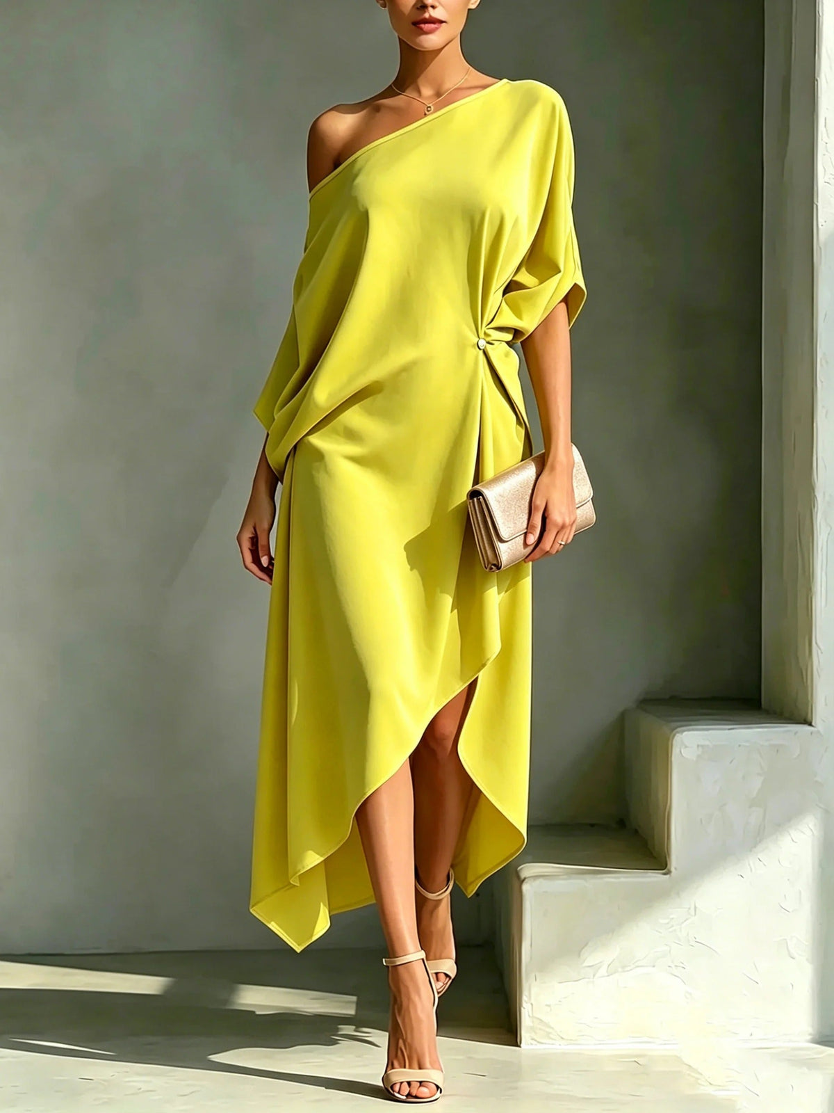 One Shoulder Draped Satin High Low Midi Dress