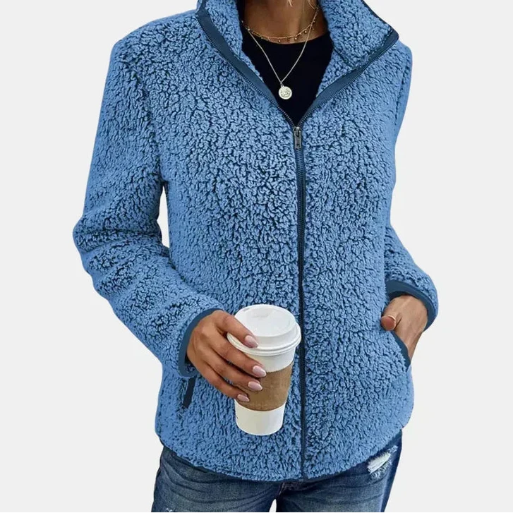 Zip Front Stand Collar Teddy Fleece Jacket