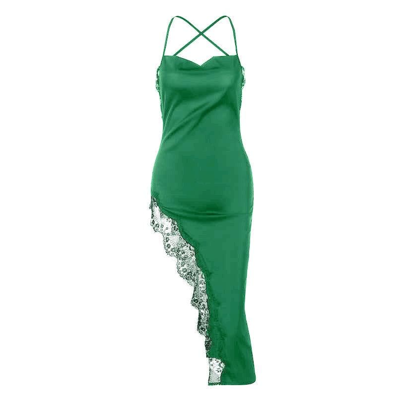 Satin Cowl Neck Spaghetti Strap Lace Trim Cross Back High Split Midi Dress