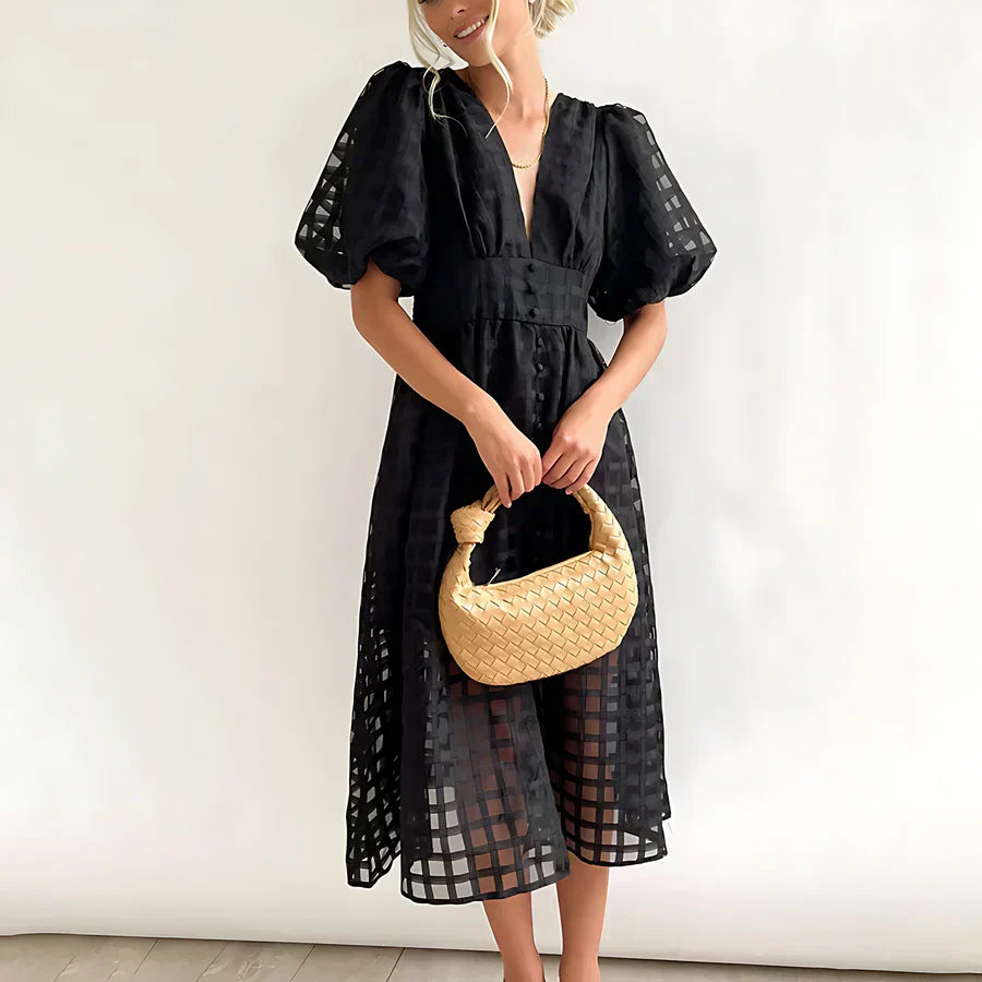 Cindy - Classic Patterned Puff Sleeve Midi Dress Black