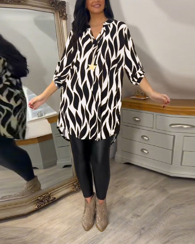Abstract Print Roll Tab Long Sleeve Collared Button Down High Low Shirt Top