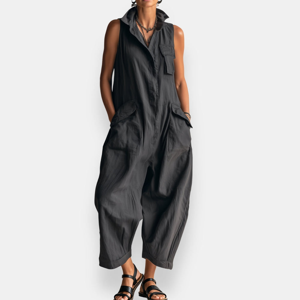 Sleeveless Collared Cargo Pocket Wide Leg Jumpsuit