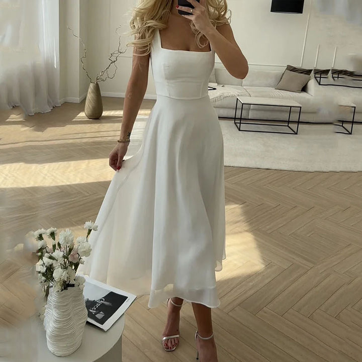 Square Neck Chiffon Fit and Flare Midi Dress