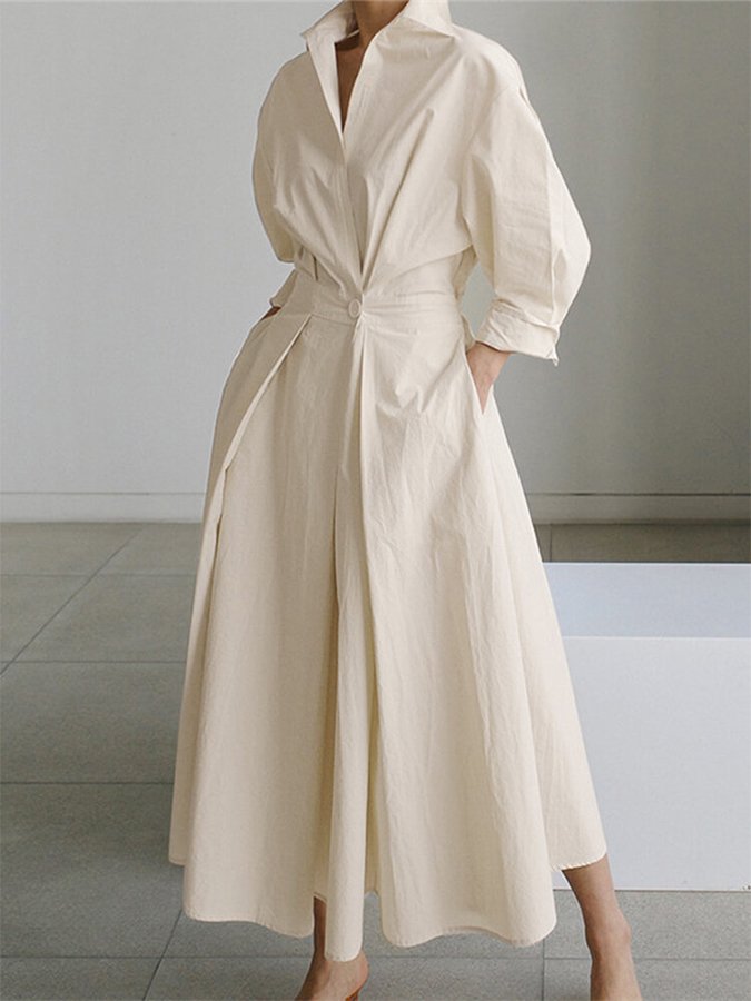 Collared Long Sleeve Pleated Waist A-Line Maxi Shirt Dress